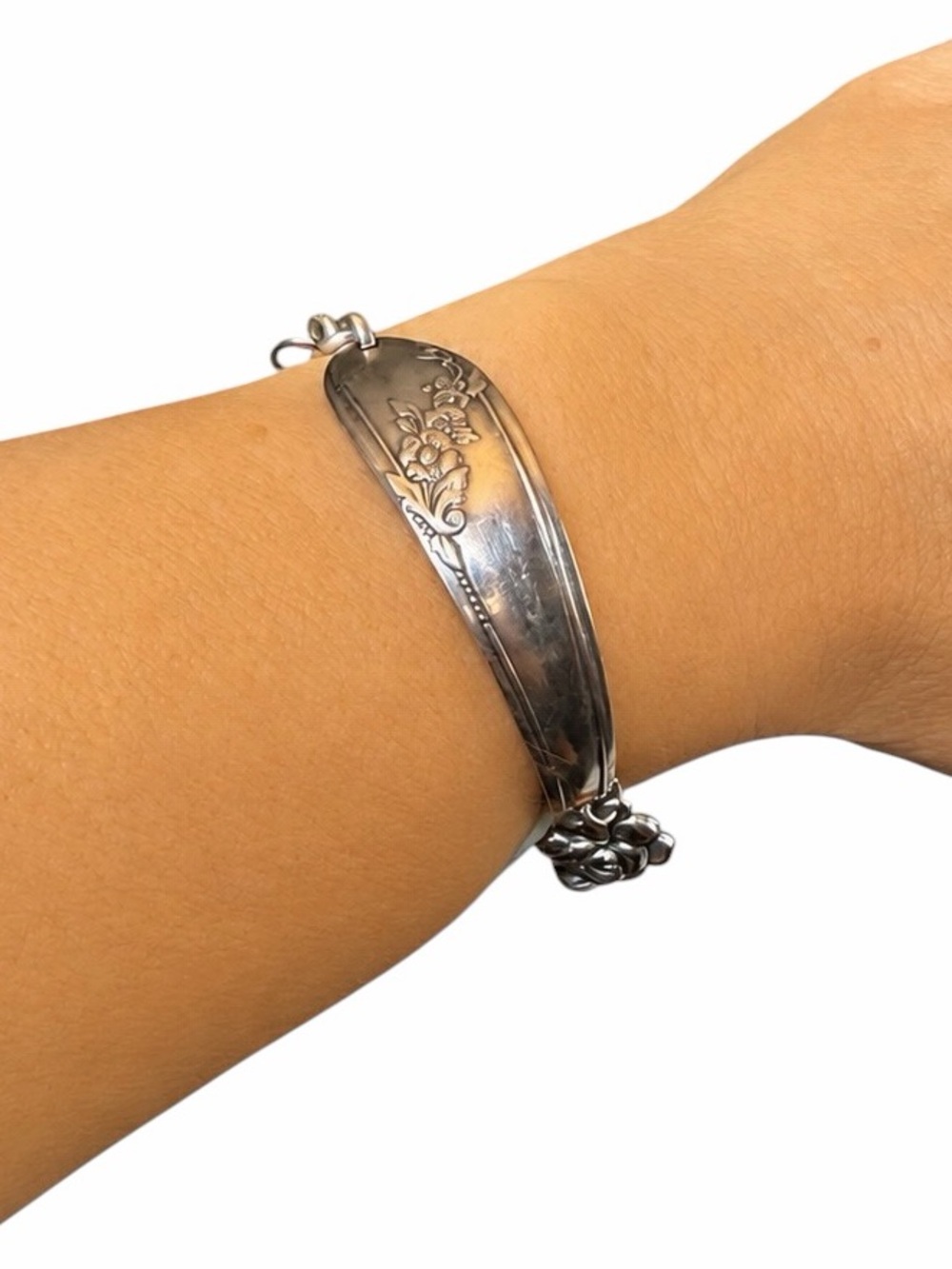 Vintage Silver-tone Floral Spoon Handle Cuff Bracelet Upcycled